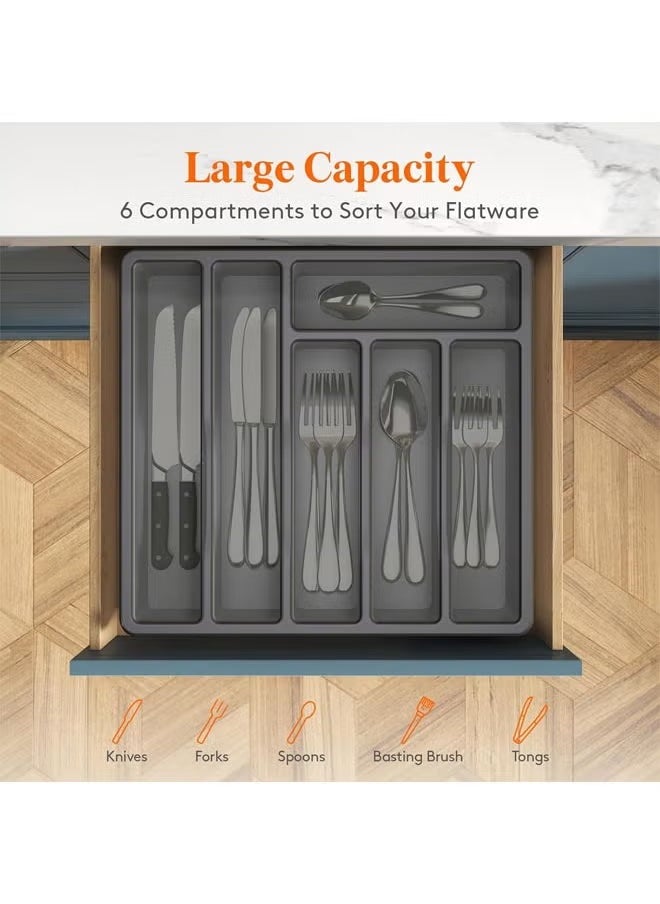 Arabest - Silverware Organizer with Lid, Covered Utensil Tray for Kitchen Drawer and Countertop, Plastic Cutlery and Flatware Storage Box for Spoons, Forks, Knives, 6 Compartments (Grey) - Image 1