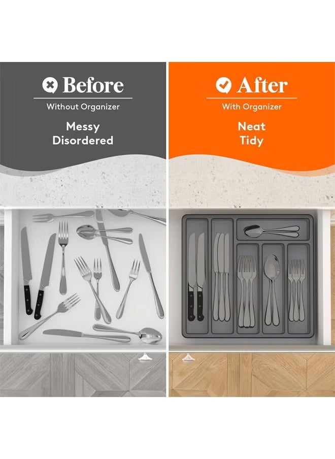 Arabest - Silverware Organizer with Lid, Covered Utensil Tray for Kitchen Drawer and Countertop, Plastic Cutlery and Flatware Storage Box for Spoons, Forks, Knives, 6 Compartments (Grey) - Image 1