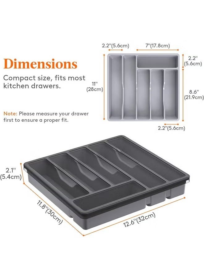 Arabest - Silverware Organizer with Lid, Covered Utensil Tray for Kitchen Drawer and Countertop, Plastic Cutlery and Flatware Storage Box for Spoons, Forks, Knives, 6 Compartments (Grey) - Image 1