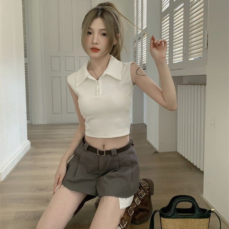 Women'S Summer Navel-Baring Slim Short Slim Top Retro Design Polo Collar Button Sleeveless T-Shirt - Image 2
