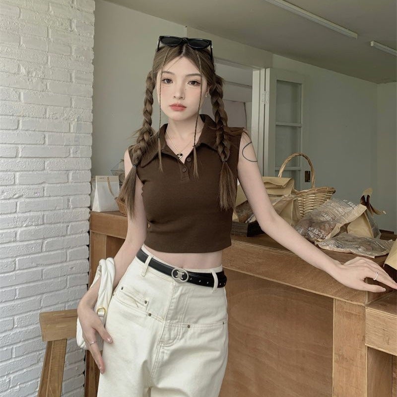 Women'S Summer Navel-Baring Slim Short Slim Top Retro Design Polo Collar Button Sleeveless T-Shirt - Image 5