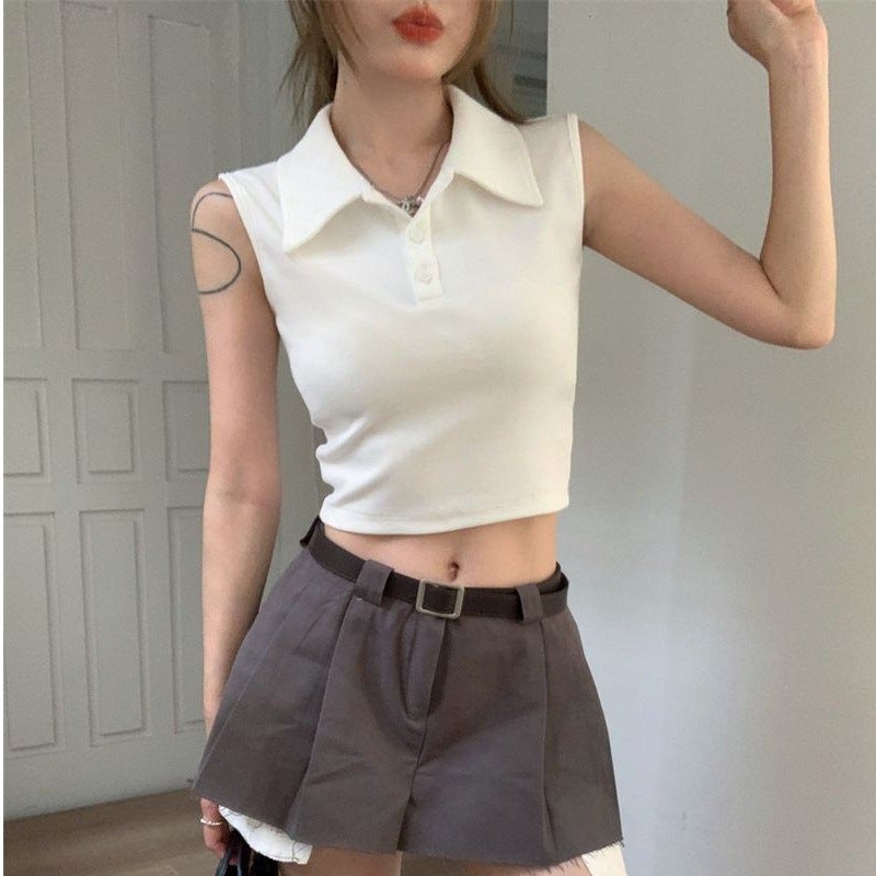 Women'S Summer Navel-Baring Slim Short Slim Top Retro Design Polo Collar Button Sleeveless T-Shirt - Image 4