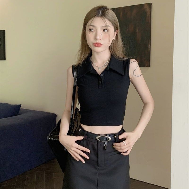 Women'S Summer Navel-Baring Slim Short Slim Top Retro Design Polo Collar Button Sleeveless T-Shirt - Image 3