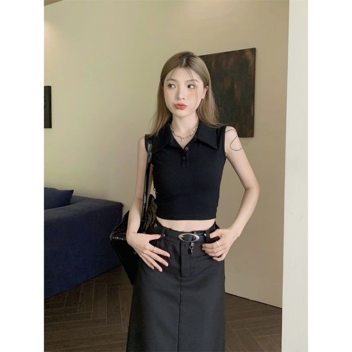 Women'S Summer Navel-Baring Slim Short Slim Top Retro Design Polo Collar Button Sleeveless T-Shirt - Image 1