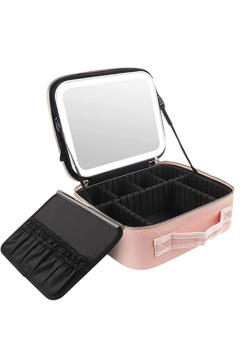 حقيبة مكياج ذات سعة كبيرة مع مرآة مضيئة LED بإضاءة قابلة للتعديل وحامل فرش مناسب للسفر اليومي والمكياج الفاخر (باللون الوردي) - Image 2