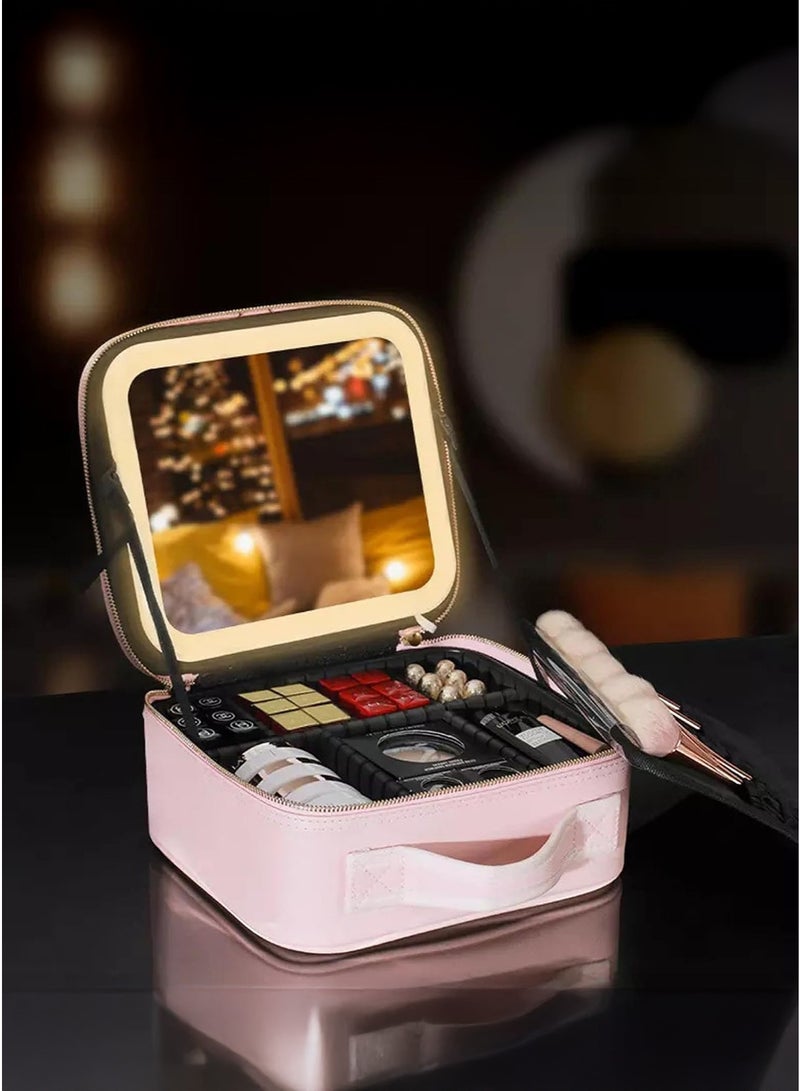 حقيبة مكياج ذات سعة كبيرة مع مرآة مضيئة LED بإضاءة قابلة للتعديل وحامل فرش مناسب للسفر اليومي والمكياج الفاخر (باللون الوردي) - Image 1