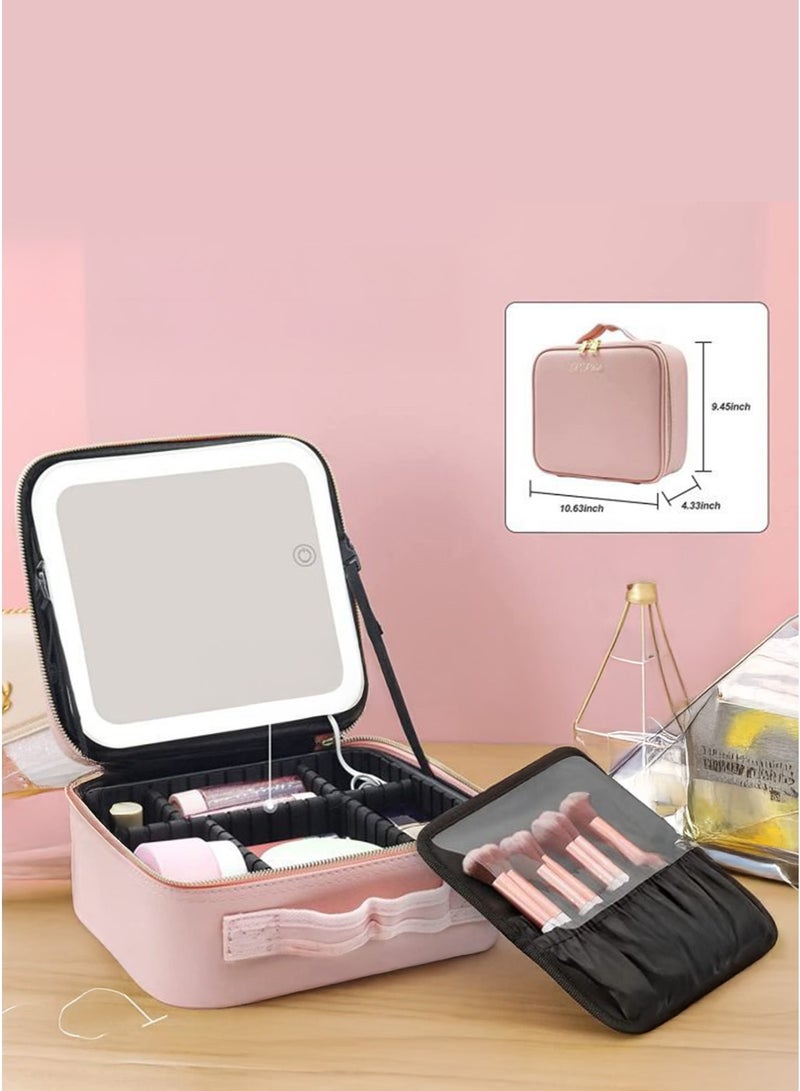 حقيبة مكياج ذات سعة كبيرة مع مرآة مضيئة LED بإضاءة قابلة للتعديل وحامل فرش مناسب للسفر اليومي والمكياج الفاخر (باللون الوردي) - Image 3