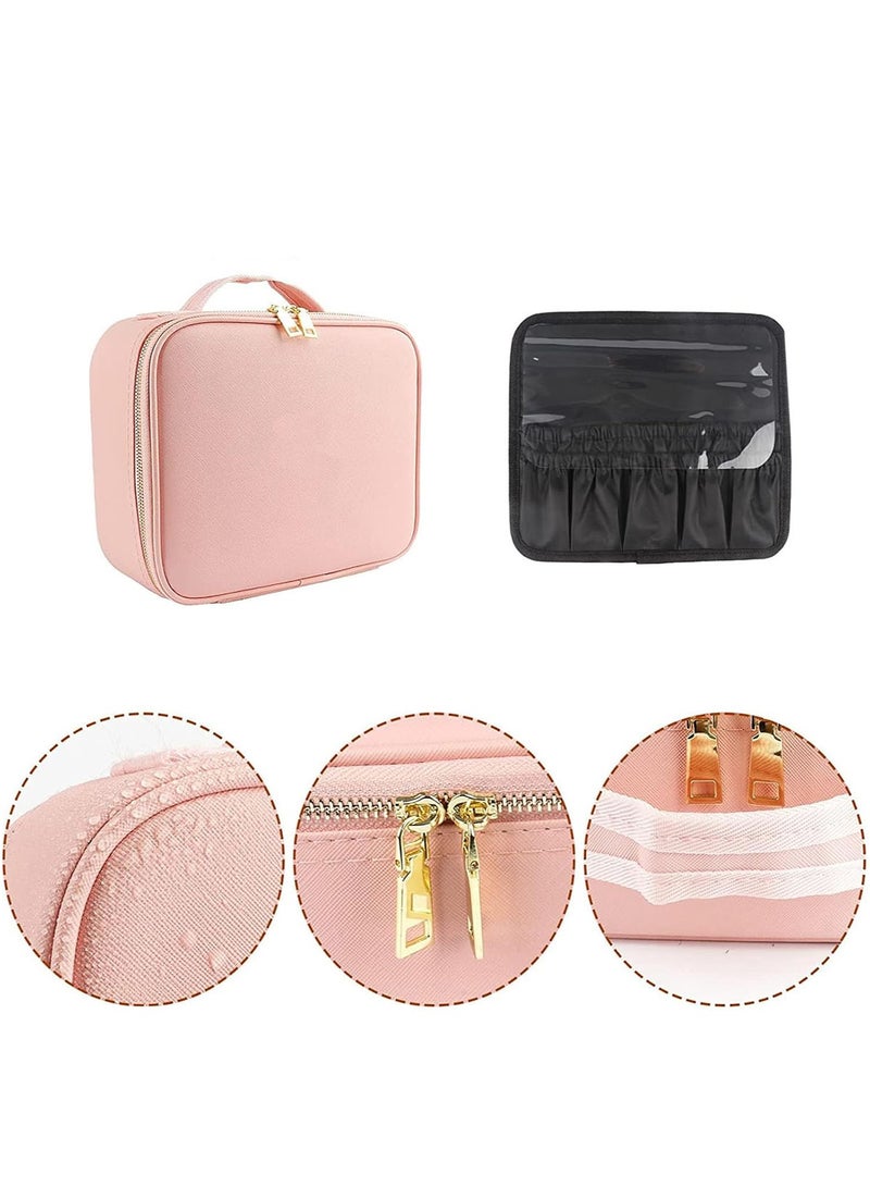 حقيبة مكياج ذات سعة كبيرة مع مرآة مضيئة LED بإضاءة قابلة للتعديل وحامل فرش مناسب للسفر اليومي والمكياج الفاخر (باللون الوردي) - Image 4