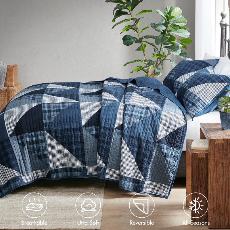 Woolrich John Rich & Bros. Woolrich Reversible Quilt Set - Cottage Styling Reversed to Solid Color, All Season Lightweight Coverlet, Cozy Bedding Layer, Matching Shams, Oversized King/Cal King, Olsen Geometric Blue - Image 4