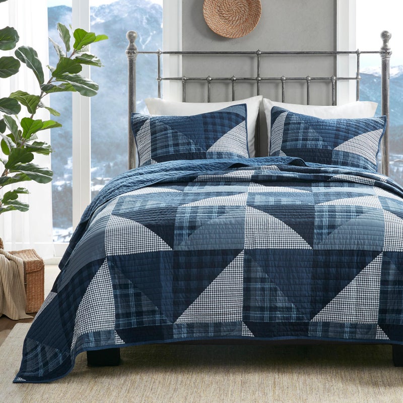 Woolrich John Rich & Bros. Woolrich Reversible Quilt Set - Cottage Styling Reversed to Solid Color, All Season Lightweight Coverlet, Cozy Bedding Layer, Matching Shams, Oversized King/Cal King, Olsen Geometric Blue - Image 1