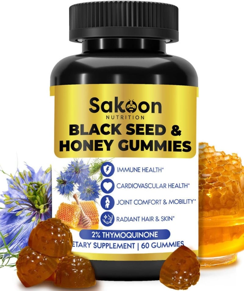 Sakoon nutrition Black Seed Oil Gummies with Honey and W 2 THYMOQUINONE Nigella Sativa Seeds Super antioxidant for Immune Support Joints Digestion Hair Skin 60 Gummies