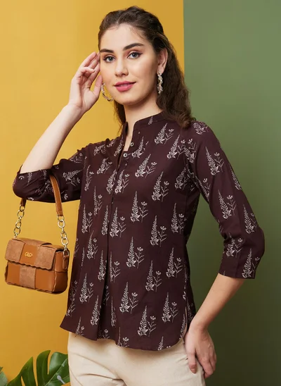 globus Globus Women Floral Printed Mandarin Collar Cotton Tunic