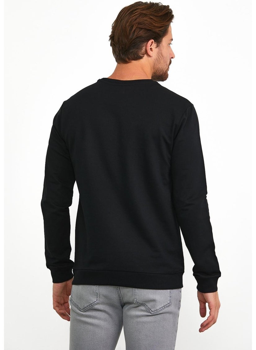 Odelon - Men's Front Printed Crew Neck Sports Sweatshirt Black - Image 1