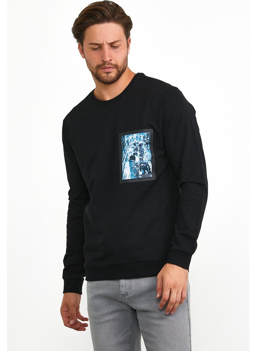 Odelon - Men's Front Printed Crew Neck Sports Sweatshirt Black - Image 1