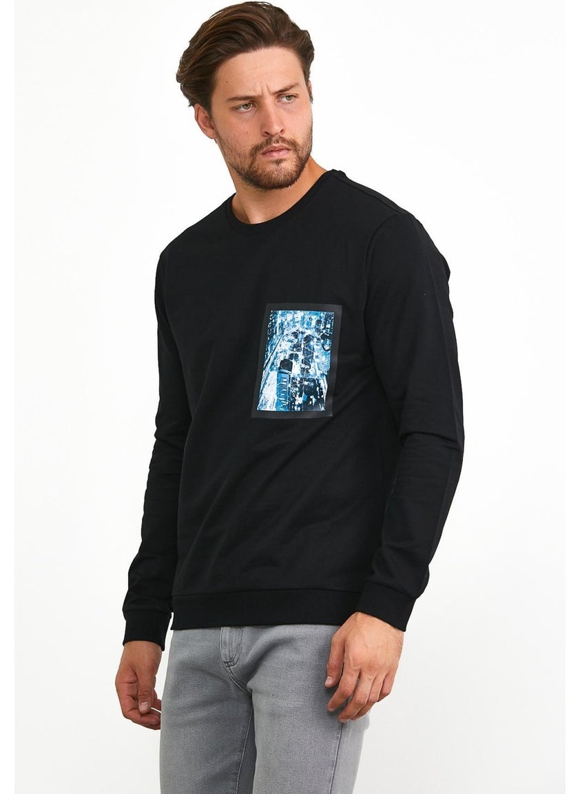 Odelon - Men's Front Printed Crew Neck Sports Sweatshirt Black - Image 1