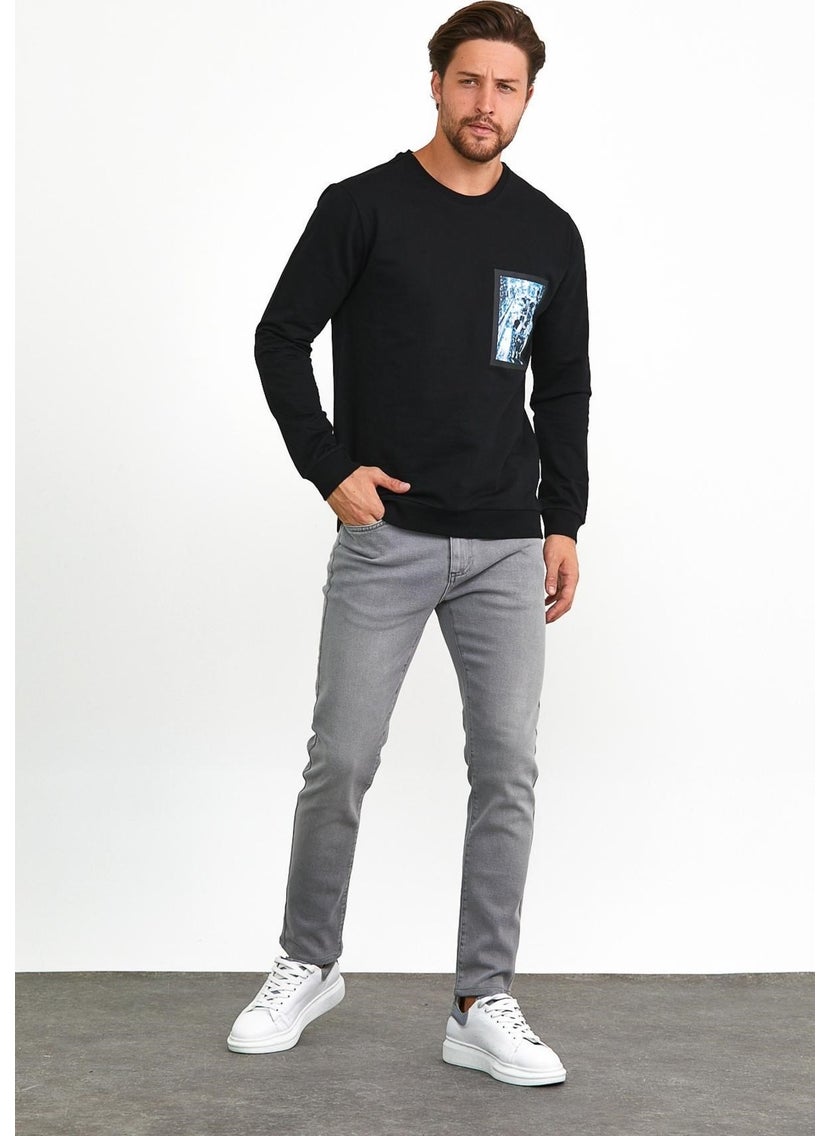 Odelon - Men's Front Printed Crew Neck Sports Sweatshirt Black - Image 1