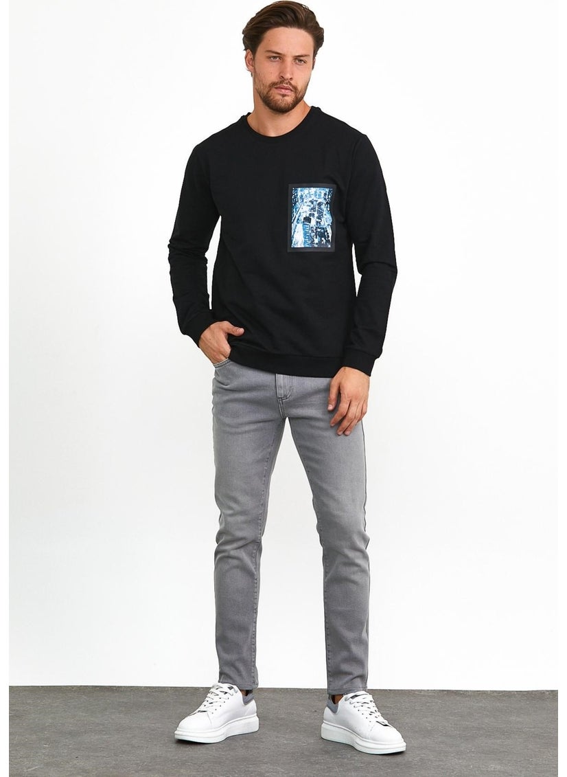 Odelon - Men's Front Printed Crew Neck Sports Sweatshirt Black - Image 1