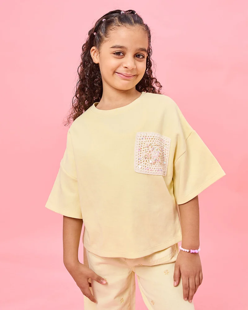 REDTAG Girls Yellow Boxy T-Shirt With Crochet Details