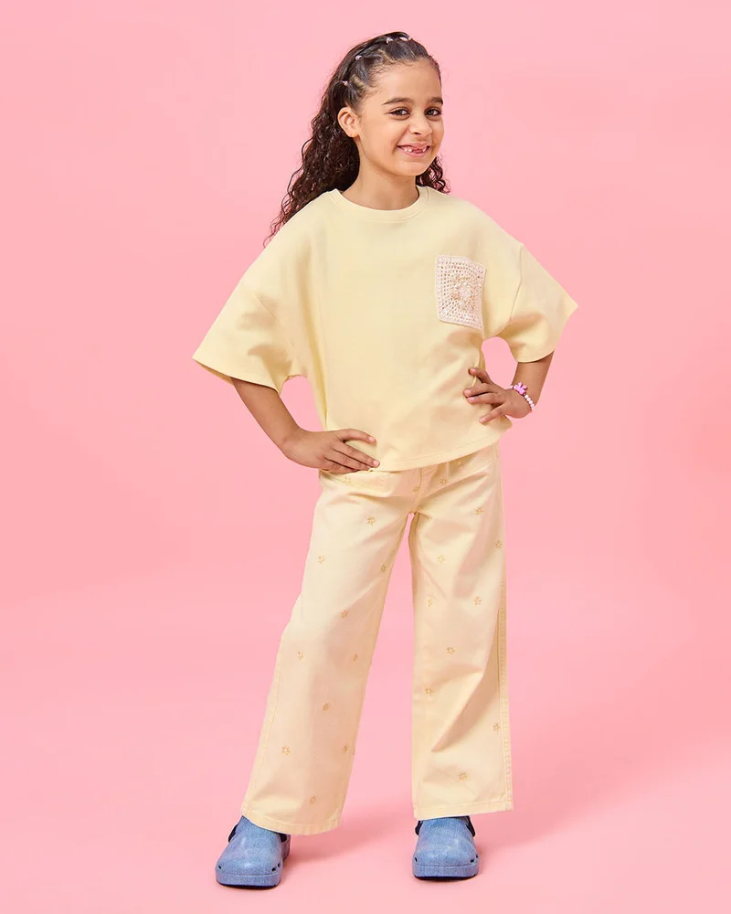 REDTAG Girls Yellow Boxy T-Shirt With Crochet Details