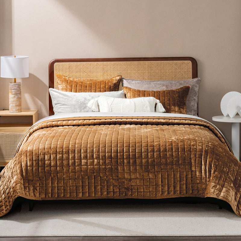 RECYCO Luxury Velvet Quilt King Size, Ultra Soft Velvet Bedding Sets, Lightweight Quilted Velvet Comforter Set, Channel Stitch Oversized Bedspread Coverlet with 2 Pillow Shams, Gold Yellow - Image 1