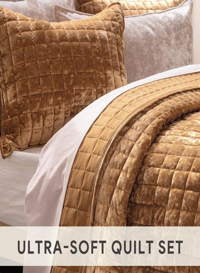 RECYCO Luxury Velvet Quilt King Size, Ultra Soft Velvet Bedding Sets, Lightweight Quilted Velvet Comforter Set, Channel Stitch Oversized Bedspread Coverlet with 2 Pillow Shams, Gold Yellow - Image 5