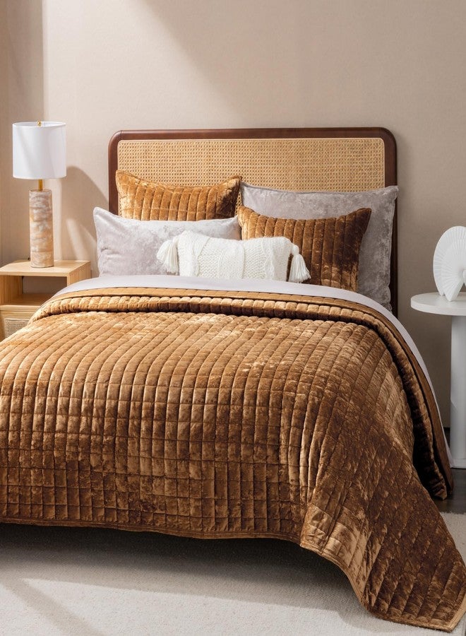 RECYCO Luxury Velvet Quilt King Size, Ultra Soft Velvet Bedding Sets, Lightweight Quilted Velvet Comforter Set, Channel Stitch Oversized Bedspread Coverlet with 2 Pillow Shams, Gold Yellow - Image 3