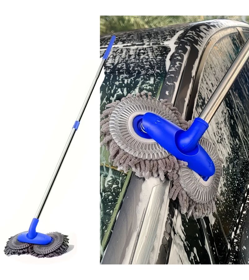 Blue Long Handle Car Wash Mop with Telescopic Rotating Double Head Car Brush For Windscreen Glass Caravan Cleaning Tool - Image 3