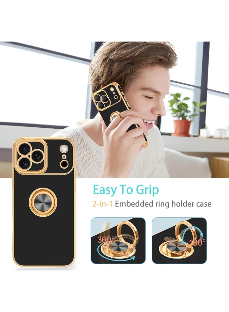 iPhone 17 Pro Max Cover with with Screen Protector,360°Rotatable Ring Holder,Support Magnetic Car Mount,Shiny Plating Gold Slim Thin Soft TPU Bumper Shockproof Case for iPhone 17 Pro Max for Women Men,2025,Black - Image 4