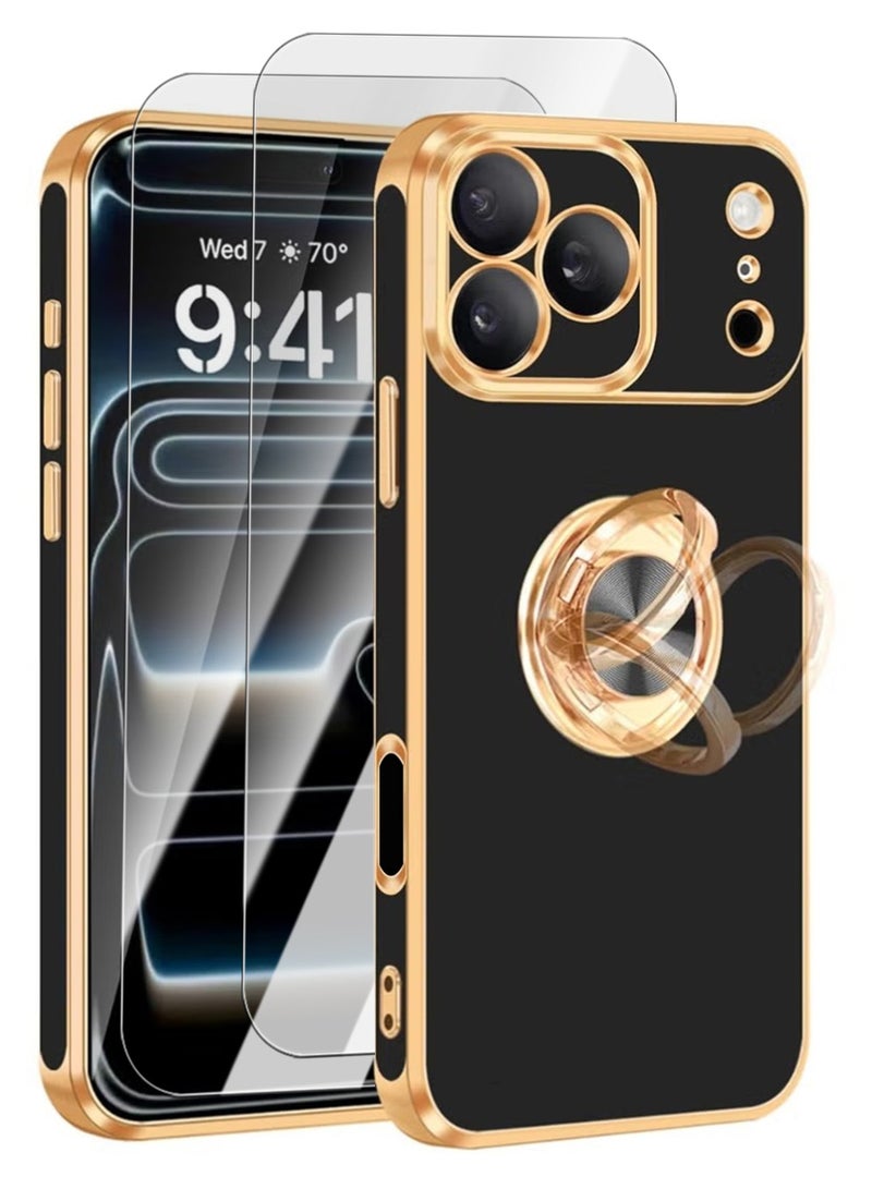 iPhone 17 Pro Max Cover with with Screen Protector,360°Rotatable Ring Holder,Support Magnetic Car Mount,Shiny Plating Gold Slim Thin Soft TPU Bumper Shockproof Case for iPhone 17 Pro Max for Women Men,2025,Black - Image 1