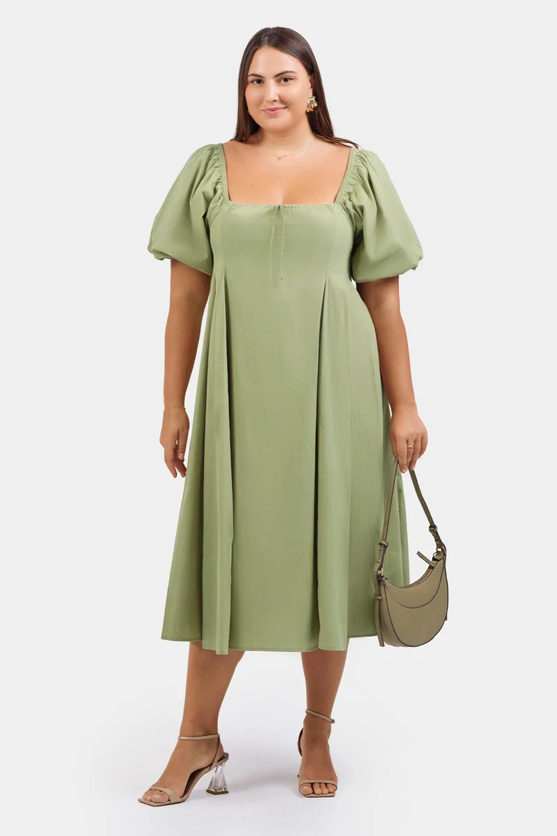 Virgio Solid Cotton Maxi Plus Size Dress With Puff Sleeves for Women