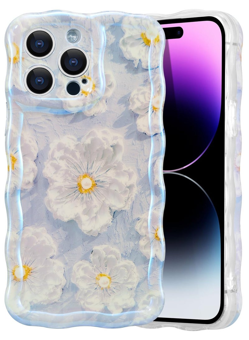 Case for iPhone 14 Pro Max, Colorful Retro Oil Painting Flower Laser Beam Glossy Pattern Cute Curly Wave Border Exquisite Phone Cover Stylish Durable TPU Protective Case for Girls Women-Blue  - Image 1