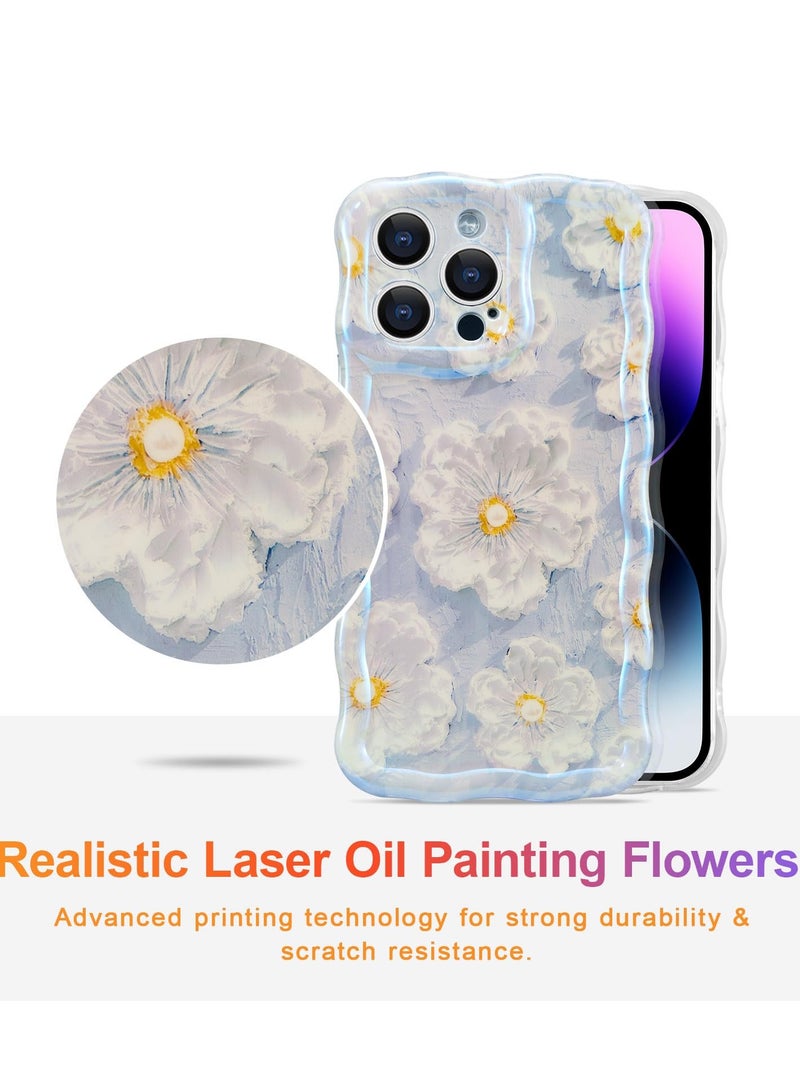 Case for iPhone 14 Pro Max, Colorful Retro Oil Painting Flower Laser Beam Glossy Pattern Cute Curly Wave Border Exquisite Phone Cover Stylish Durable TPU Protective Case for Girls Women-Blue  - Image 2