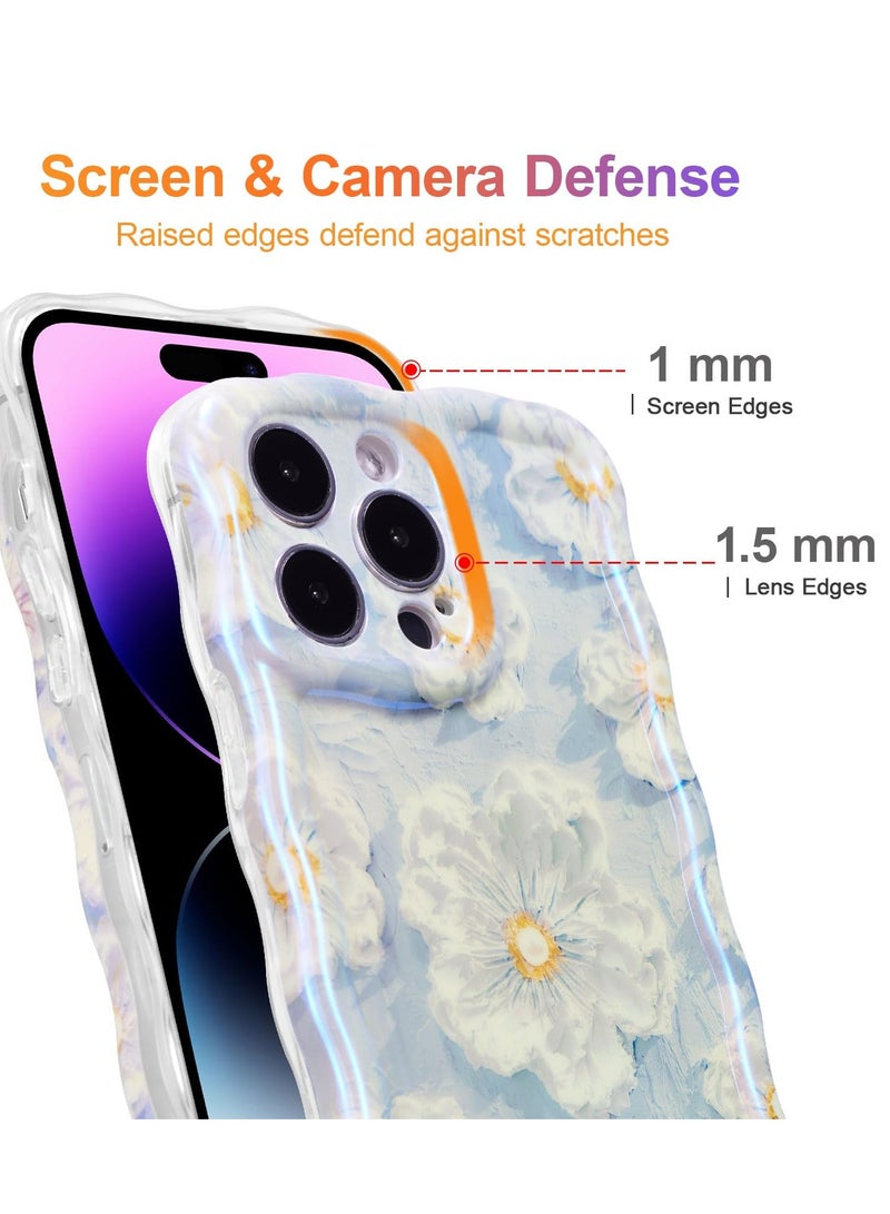 Case for iPhone 14 Pro Max, Colorful Retro Oil Painting Flower Laser Beam Glossy Pattern Cute Curly Wave Border Exquisite Phone Cover Stylish Durable TPU Protective Case for Girls Women-Blue  - Image 4