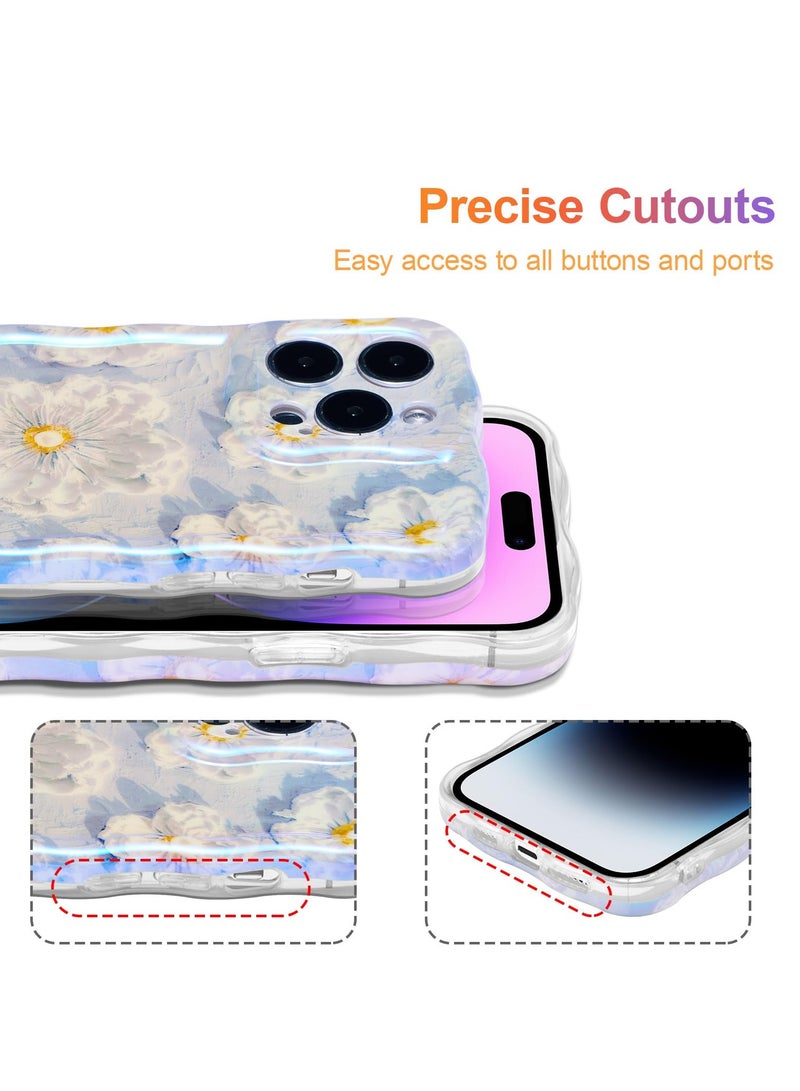 Case for iPhone 14 Pro Max, Colorful Retro Oil Painting Flower Laser Beam Glossy Pattern Cute Curly Wave Border Exquisite Phone Cover Stylish Durable TPU Protective Case for Girls Women-Blue  - Image 5