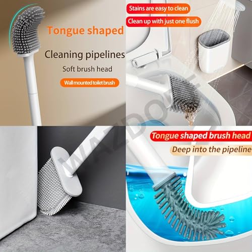 Wazdorf Silicone Toilet Brush and Holder Set, Wall Mounted, Quick Drying Bathroom Accessory with Long Non-Slip Handle, Flexible Bristles for Deep Cleaning, No Rust, Modern Design, 2 Pcs - Image 2