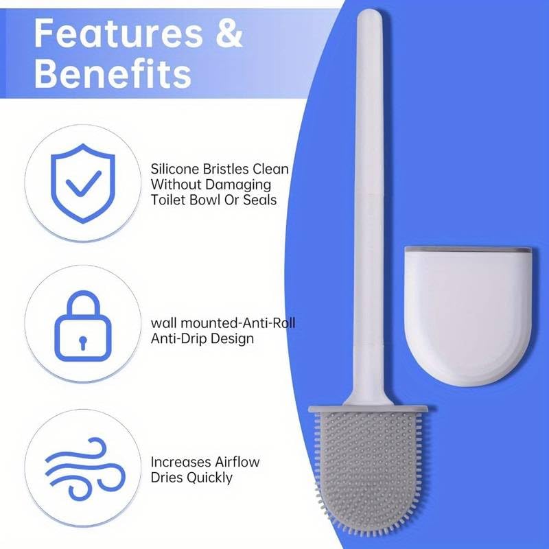 Wazdorf Silicone Toilet Brush and Holder Set, Wall Mounted, Quick Drying Bathroom Accessory with Long Non-Slip Handle, Flexible Bristles for Deep Cleaning, No Rust, Modern Design, 2 Pcs - Image 5