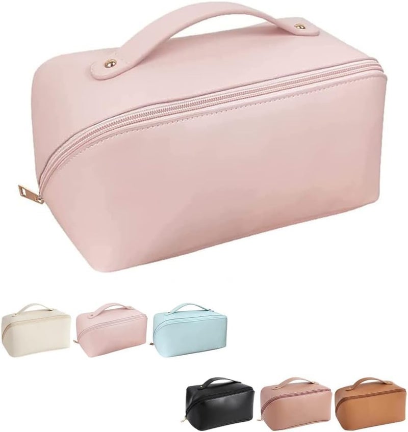 Large Capacity Travel Cosmetic Bag Waterproof Multilayer Leather Toiletry Organiser Blue Baby Pink - Image 1