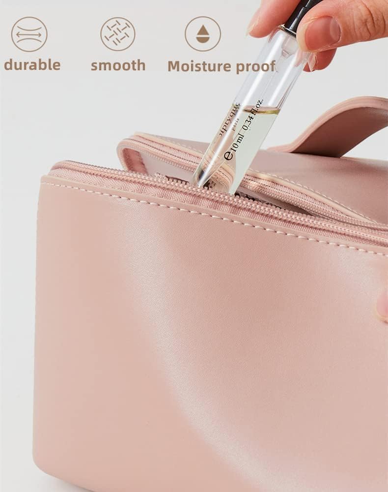 Large Capacity Travel Cosmetic Bag Waterproof Multilayer Leather Toiletry Organiser Blue Baby Pink - Image 5