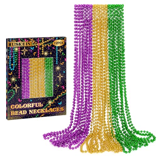 Huskein 12 PCS Mardi Gras Beads Necklaces 33 3 Colors Beads Accessories Bulk Carnival Purple Green Gold Party Supplies Carnival Beads Necklace Accessories for Masquerade Holiday Party Favors Decorations - Image 1