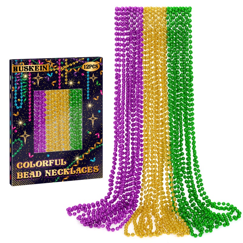 Huskein 12 PCS Mardi Gras Beads Necklaces 33 3 Colors Beads Accessories Bulk Carnival Purple Green Gold Party Supplies Carnival Beads Necklace Accessories for Masquerade Holiday Party Favors Decorations - Image 3