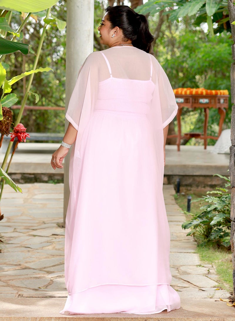 Instafab Plus Women's Floral-Embroidery Draped Co-Ord Set For Ethnic Wear | Open-Front Neck, Kimono Sleeves | Floral Embroidery | 3 Piece Co-Ords Designed For Evening & Party Wear | Rose Pink - Image 5