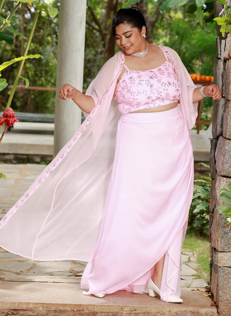 انستافاب بلس Women's Floral-Embroidery Draped Co-Ord Set For Ethnic Wear | Open-Front Neck, Kimono Sleeves | Floral Embroidery | 3 Piece Co-Ords Designed For Evening & Party Wear | Rose Pink