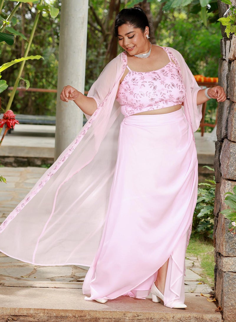 Instafab Plus Women's Floral-Embroidery Draped Co-Ord Set For Ethnic Wear | Open-Front Neck, Kimono Sleeves | Floral Embroidery | 3 Piece Co-Ords Designed For Evening & Party Wear | Rose Pink - Image 2