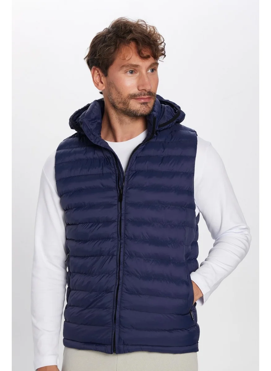 Tudors Men's Slim Fit Slim Fit Lined Windproof Pocket Navy Blue Detachable Hooded Puffer Vest