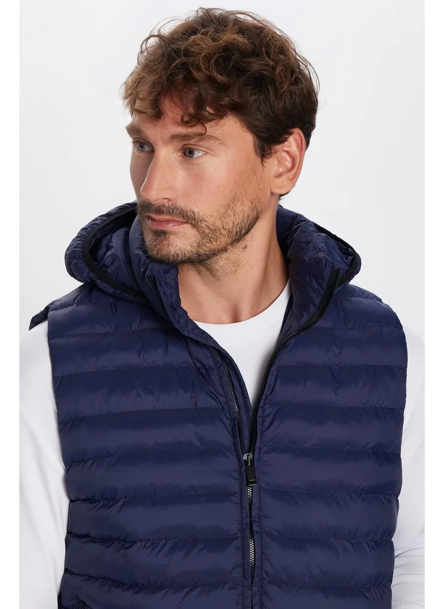 Tudors Men's Slim Fit Slim Fit Lined Windproof Pocket Navy Blue Detachable Hooded Puffer Vest
