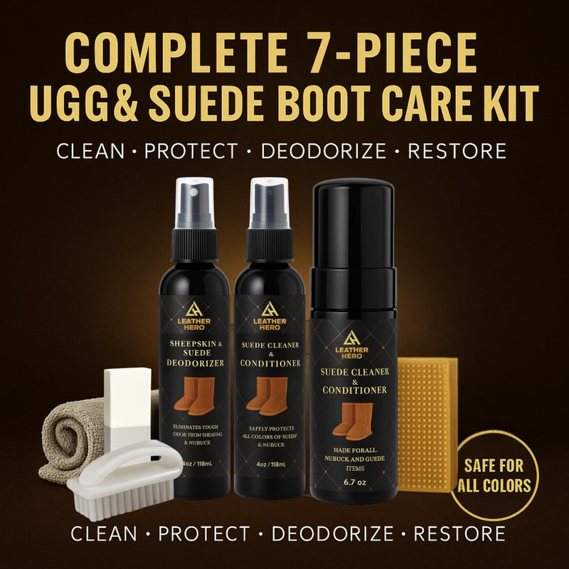 Leather Hero Suede & Sheepskin Cleaning Kit â€“ Compatible with UGG Boots â€“ Foam Cleaner & Conditioner, Water & Stain Protector, Deodorizer, Eraser, Brushes & Cloth â€“ 7-Piece Complete Care Set - Image 2