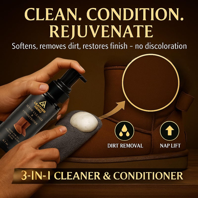 Leather Hero Suede & Sheepskin Cleaning Kit â€“ Compatible with UGG Boots â€“ Foam Cleaner & Conditioner, Water & Stain Protector, Deodorizer, Eraser, Brushes & Cloth â€“ 7-Piece Complete Care Set - Image 3