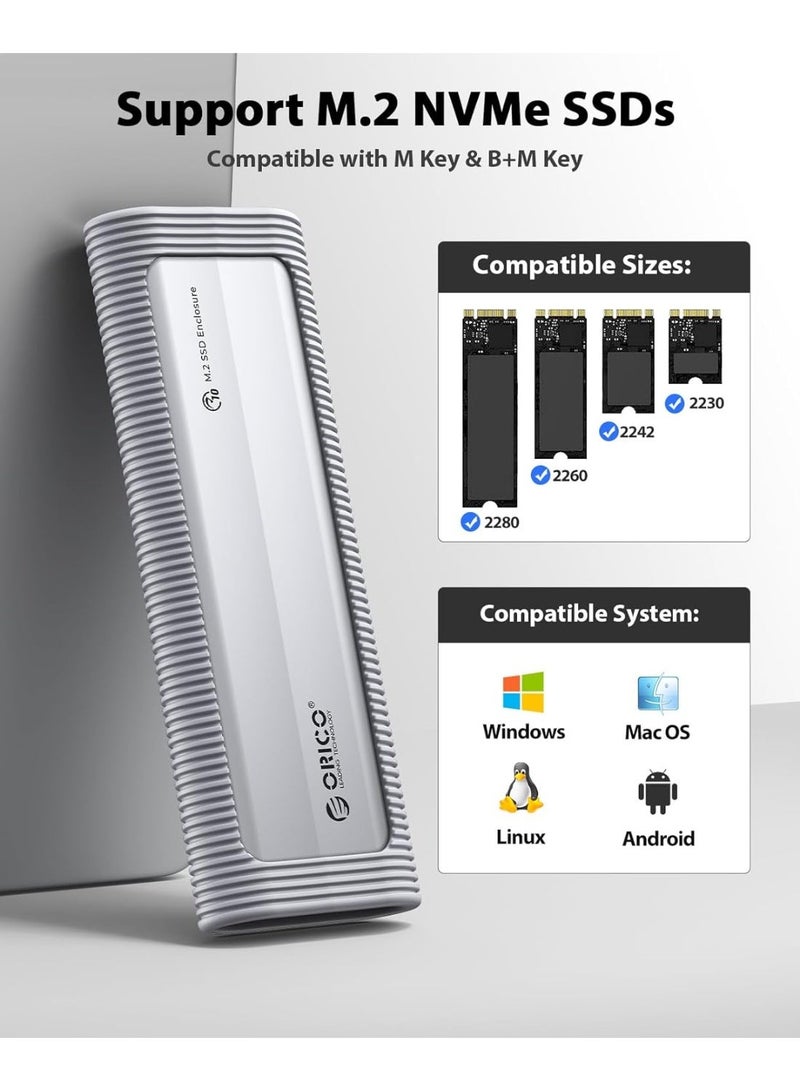 ORICO Aluminum M.2 NVMe SSD Enclosure, USB 3.2 Gen 2(10Gbps ) to Tool-Free NVMe PCI-E M.2 SSD Case, Support UASP for M/B&M Keys Size 2230/2242/2260/2280 - Image 2