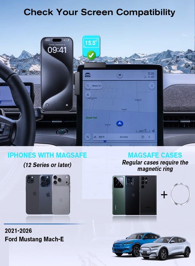 BIXUAN 360° Adjustable Magnetic Phone Holder for 2021-2026 Ford Mustang Mach E 15.5 Inch Screen, Screen-Friendly for MagSafe Magnetic Car Dash Phone Holder - Image 2