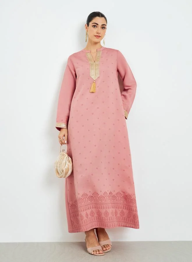 Amirah Pink Gold Lace Placket Jalabiya with Tassel